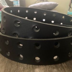 Black Solid Leather Double Hole Double Prong Belt